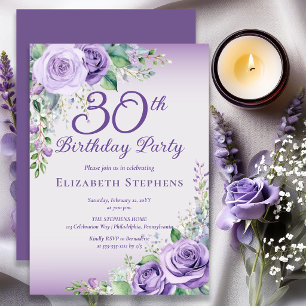 Elegant Lavender Purple Rose Floral 30th Birthday Invitation