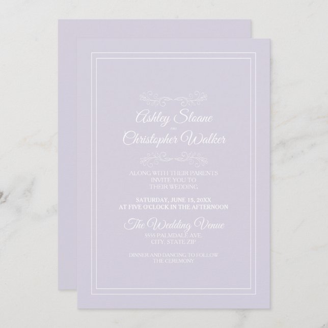 Elegant Lavender Purple White Wedding Invitation (Front/Back)