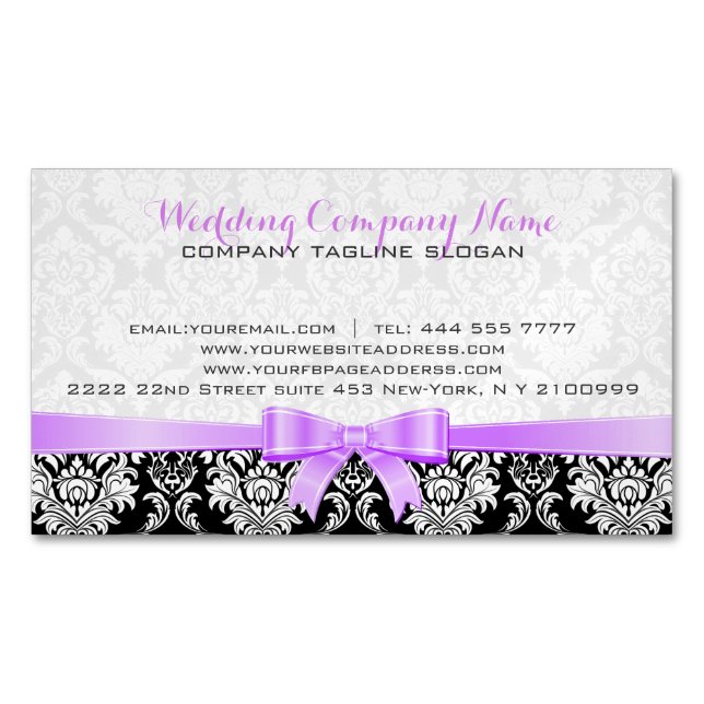 Elegant Lavender Ribbon Black & White Damasks Magnetic Business Card (Front)