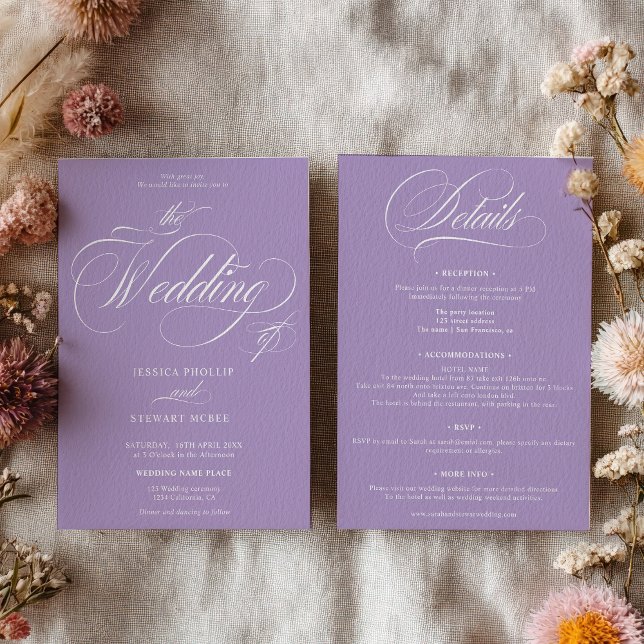 Elegant lavender Script All in One Wedding Invitation (Elegant lavender Script All in One Wedding Invitation)