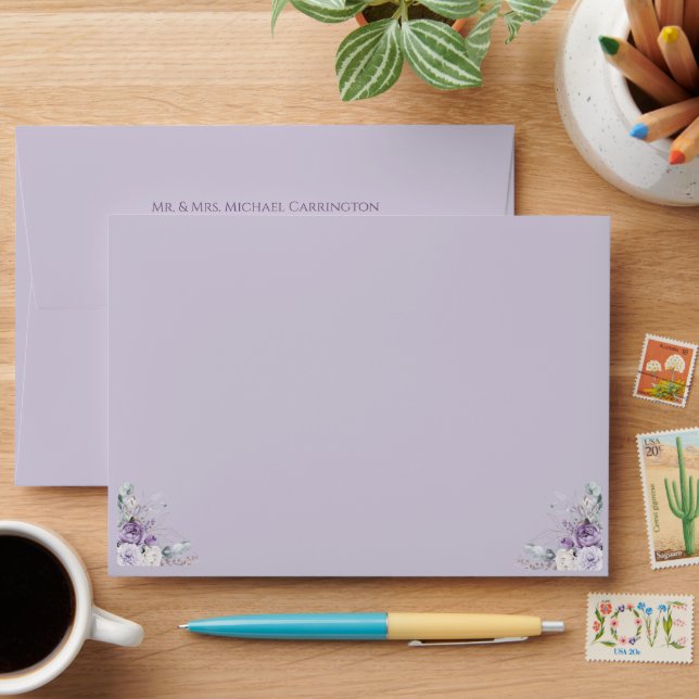 Elegant Lavender Self Addressed Floral Wedding Envelope (Desk)