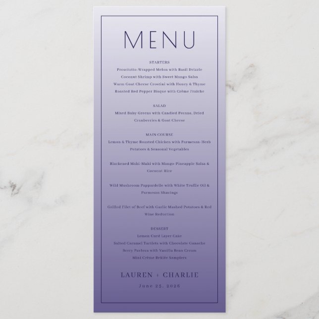 Elegant Lavender Serif Wedding Menu (Front)