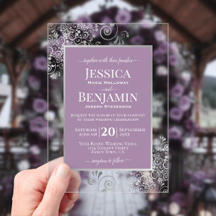Elegant Lavender & Silver Stylish Text Wedding Acrylic Invitations