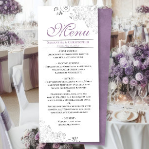 Elegant Lavender & Silver Swirls on White Wedding Menu