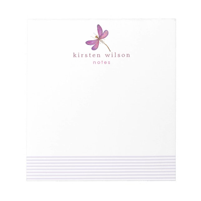 Elegant Lavender Stripes & Dragonfly  Personalised Notepad (Front)