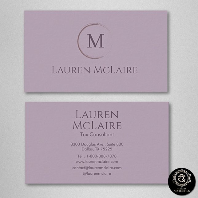 Elegant Lavender Taupe Circle Monogram Business Card (Creator Uploaded)