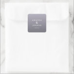 Elegant Lavender Thank You Card Square Sticker<br><div class="desc">This wedding sticker features a minimalist design with a gradient background transitioning from light to dark lavender, creating a soothing and elegant aesthetic. The centred composition highlights bold serif typography for the names "Amanda & Jordan, " connected by a stylish ampersand, while the phrase "thank you" is written in a...</div>