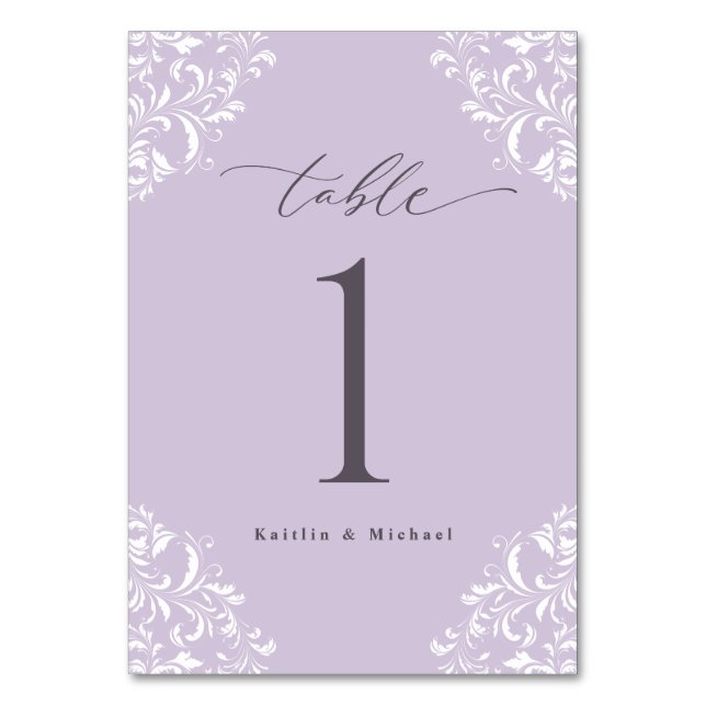 Elegant Lavender Vintage Classic Small Wedding Table Number (Front)