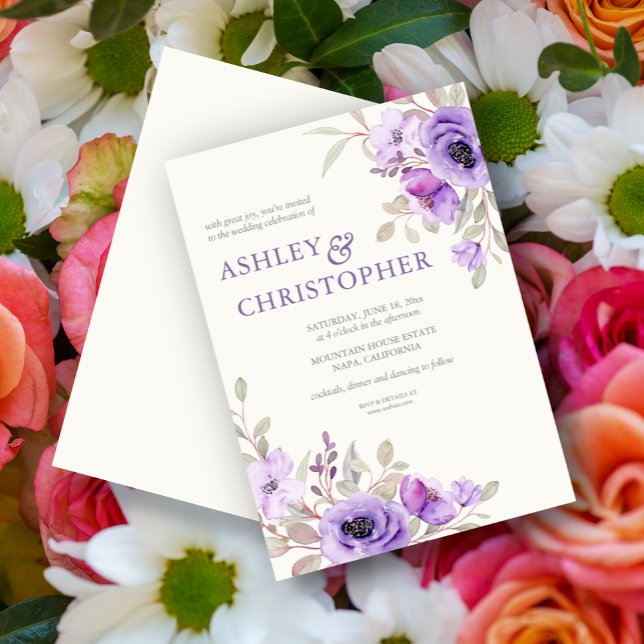 Elegant Lavender Watercolor Floral Bouquet Wedding Invitation (Creator Uploaded)