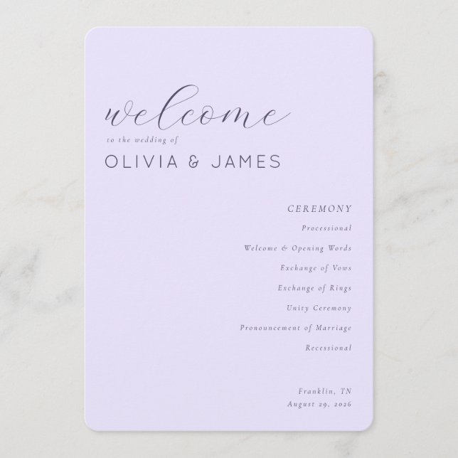 Elegant Lavender Wedding Ceremony Schedule Programme (Front)