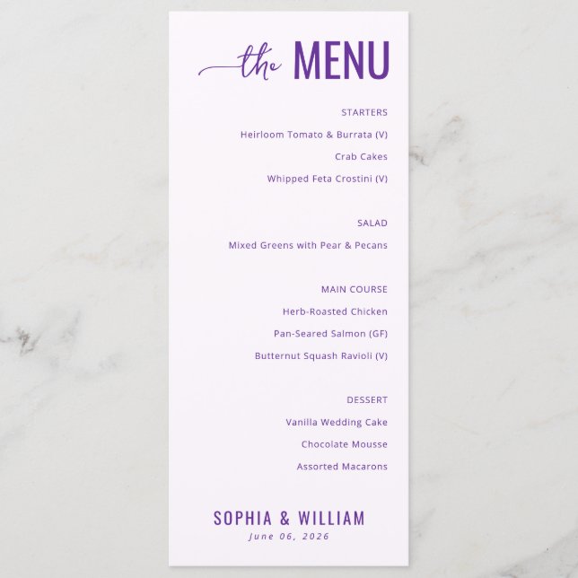 Elegant Lavender Wedding Menu (Front)