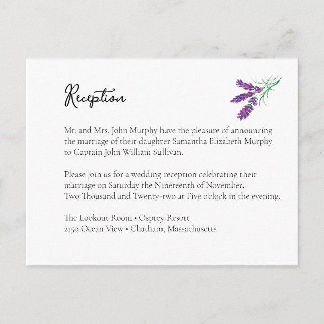 Elegant Lavender Wedding Reception Enclosure Card (Front)