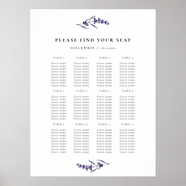 Elegant Lavender Wedding Table Seating Chart (Front)