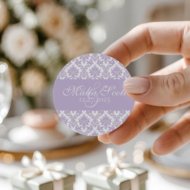 Elegant Lavender White Damask Wedding Favour Classic Round Sticker (Creator Uploaded)