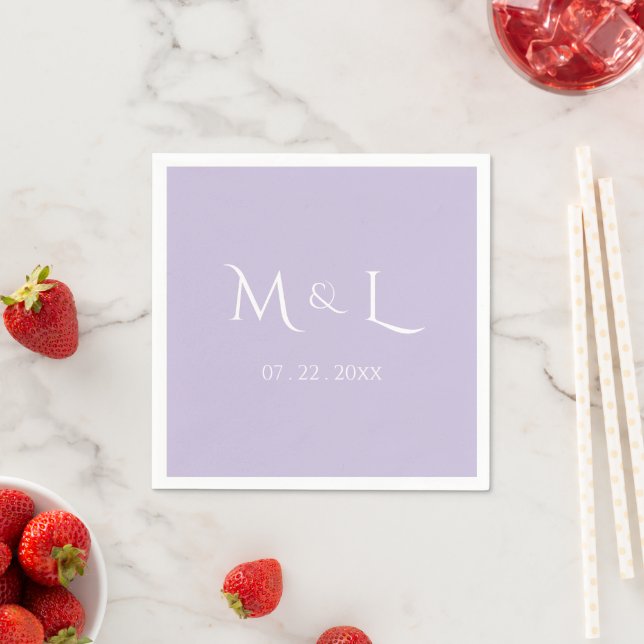 Elegant Lavender White Monogram & Date Wedding  Napkin (Insitu)