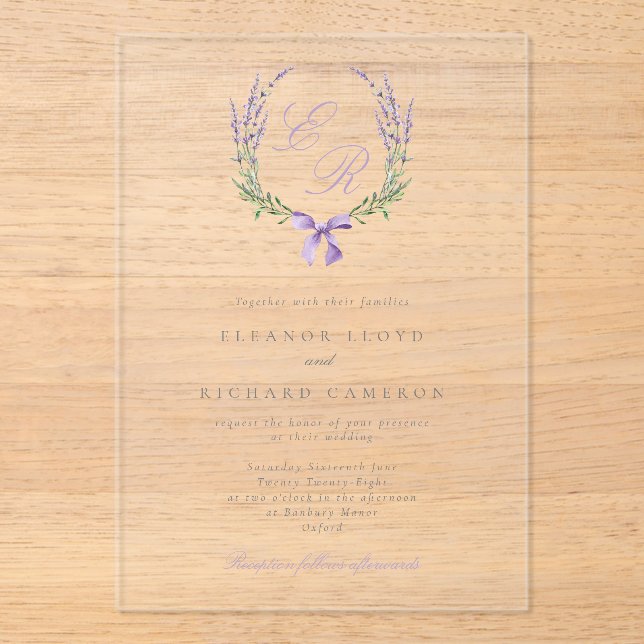 Elegant Lavender Wreath & Bow Monogram Wedding Acrylic Invitations (Front)