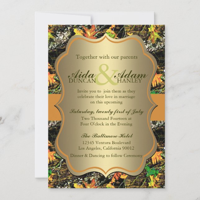 Elegant Lavish Gold Rustic Camo Wedding Invitation (Front)