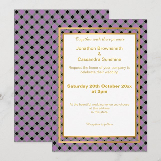 ELEGANT LAYERED GOLD LAVENDER CHECKERED PATTERN INVITATION (Front/Back)