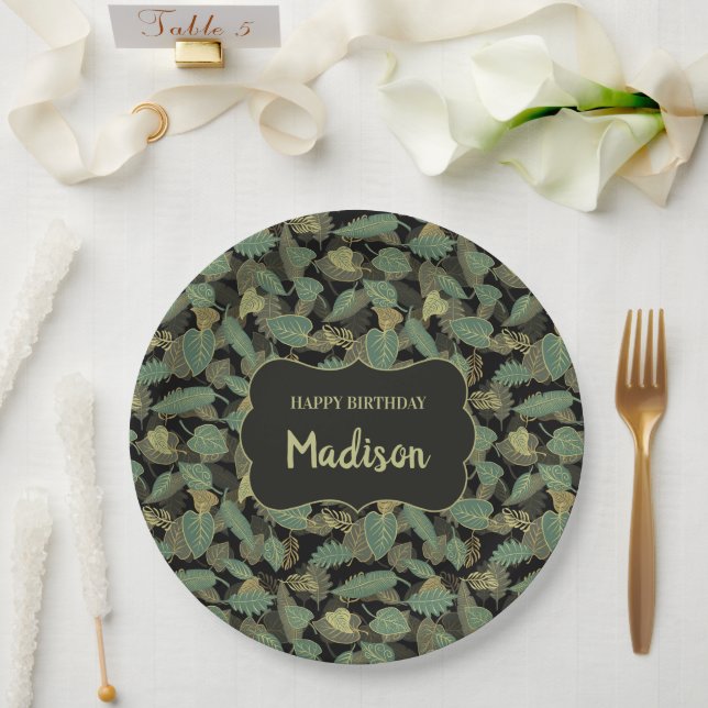Elegant Leaf Birthday Botanical Initial Paper Plate (Wedding)