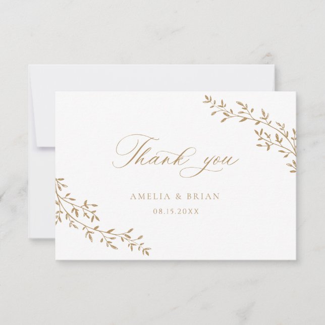 Elegant Leaf Branch Botanical Gold Script Wedding Thank You Card (Front)