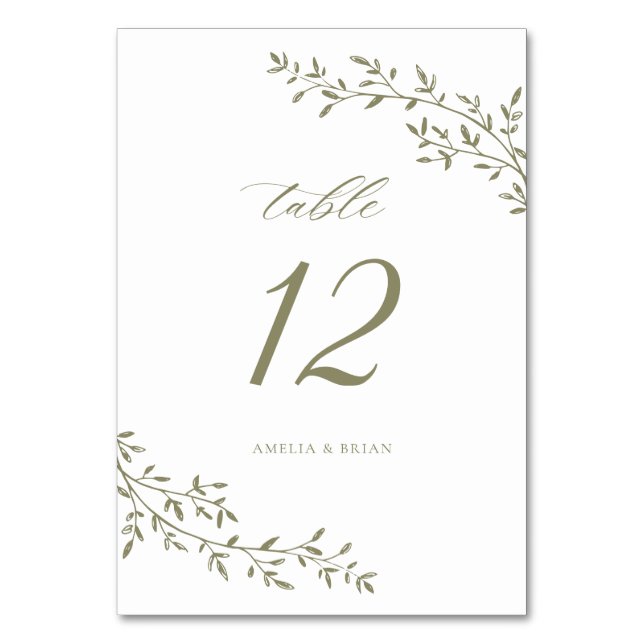 Elegant Leaf Branch Botanical Sage Green Wedding Table Number (Front)