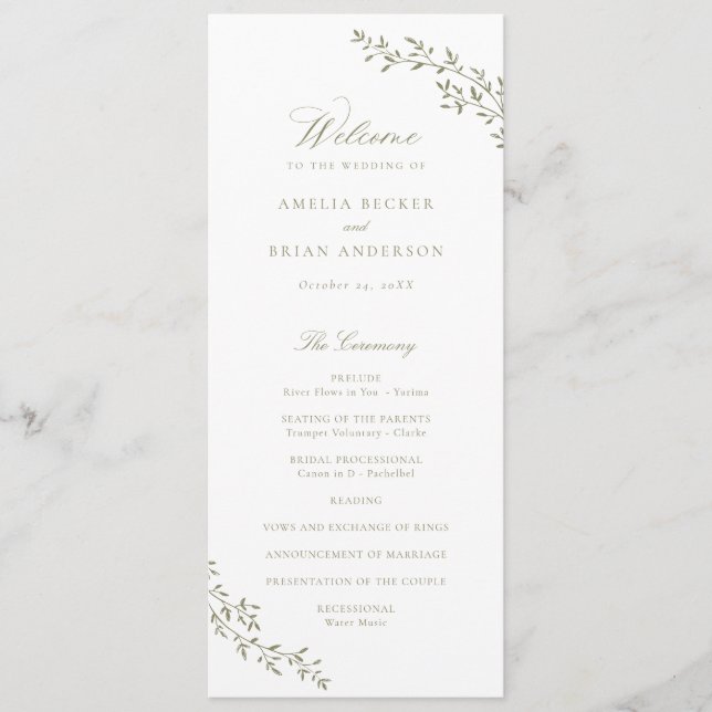 Elegant Leaf Branch Sage Green Wedding Program Programme (Front)