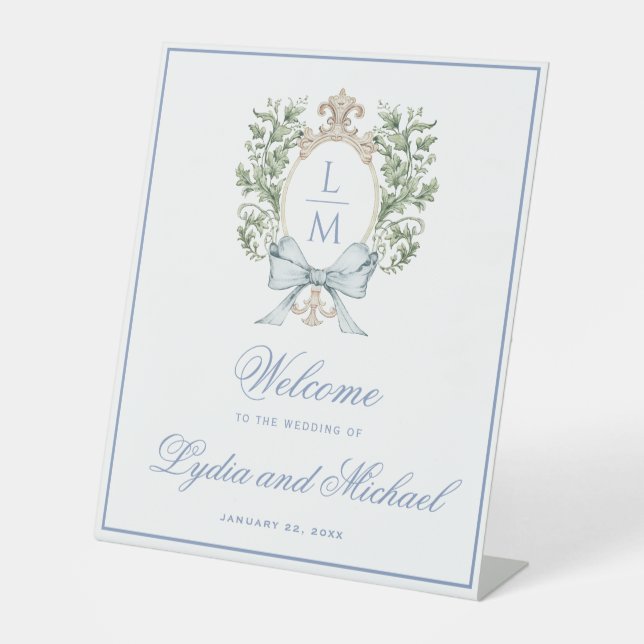 Elegant Leaf Crest Monogram Welcome Pedestal Sign (Front)