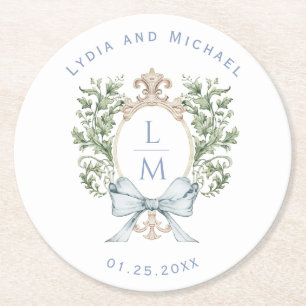 Elegant Leaf Crest w/ Bow Monogram Wedding Round Paper Coaster