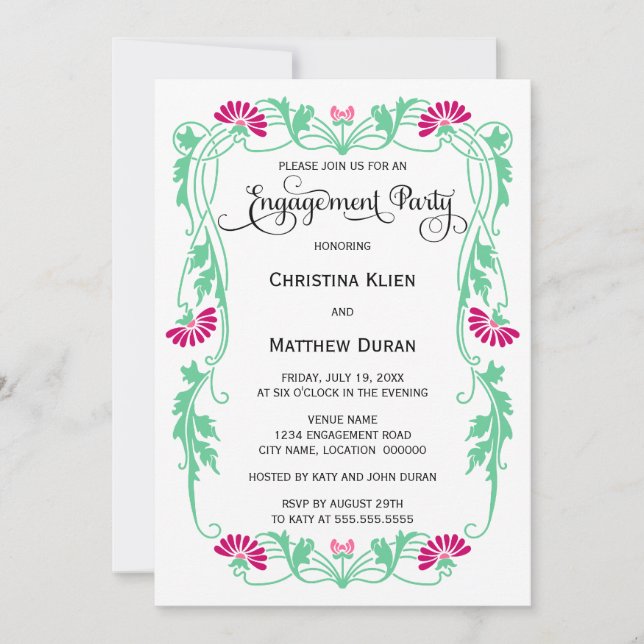 Elegant Leaf Floral Swirls Photo Engagement Party Invitation (Front)