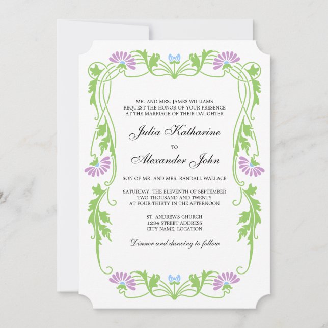 Elegant Leaf Florals and Swirls Wedding Invitation (Front)