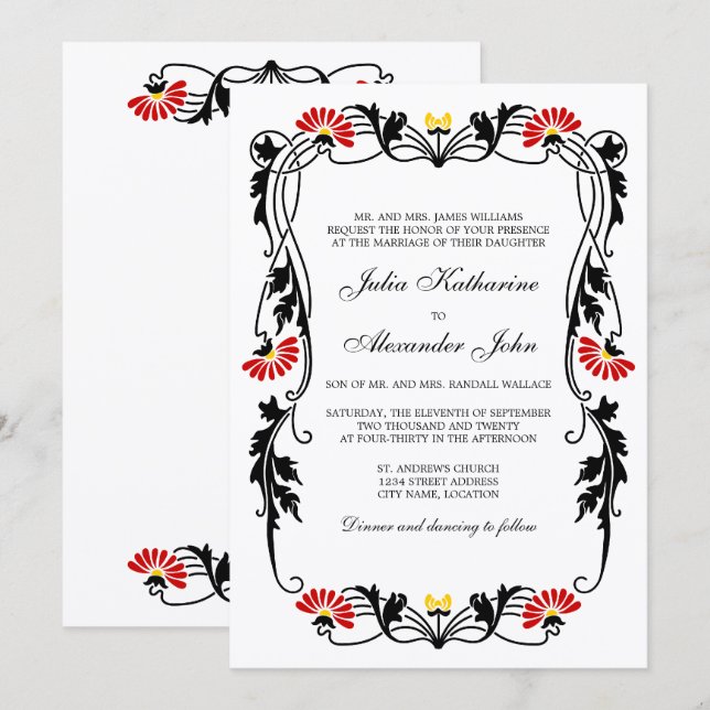 Elegant Leaf Florals and Swirls Wedding Invitation (Front/Back)
