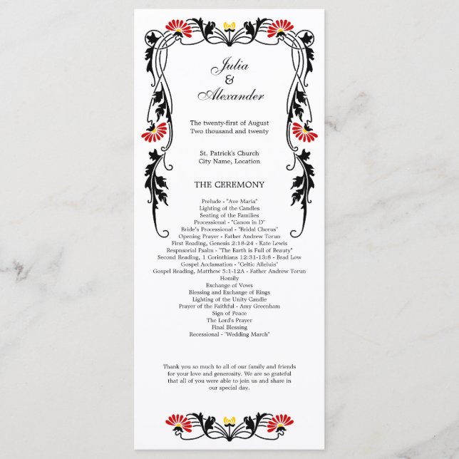 Elegant Leaf Florals and Swirls Wedding Program Programme (Front)