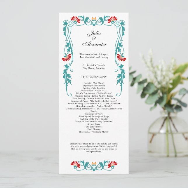 Elegant Leaf Florals and Swirls Wedding Program Programme (Standing Front)