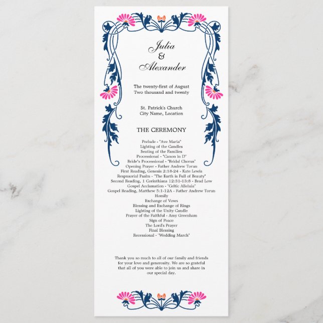 Elegant Leaf Florals and Swirls Wedding Program Programme (Front)