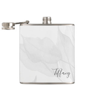Elegant Leaf Gray Watercolor Personalized Name Hip Flask