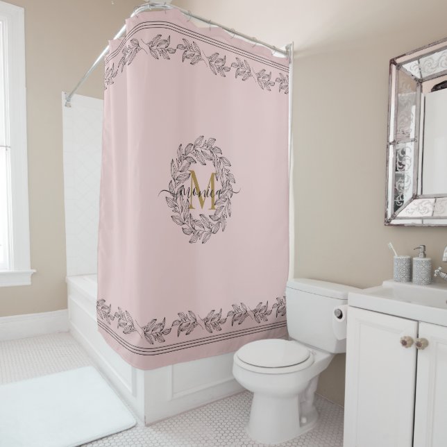 Elegant Leaf illustration Floral Monogram Pink Shower Curtain (In Situ)