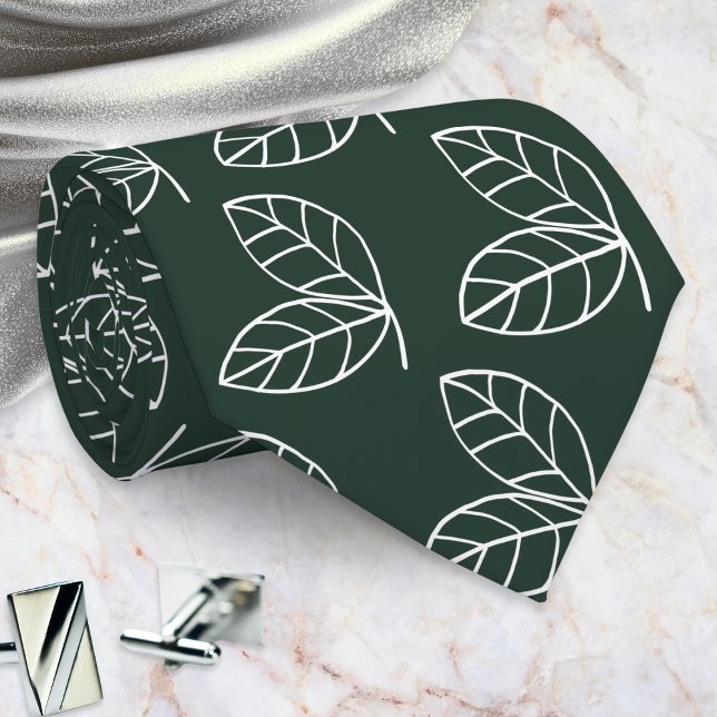 Elegant Leaf Pattern Dark Green Tie (A dark green tie with a pattern of white line-art leaves in a modern style)