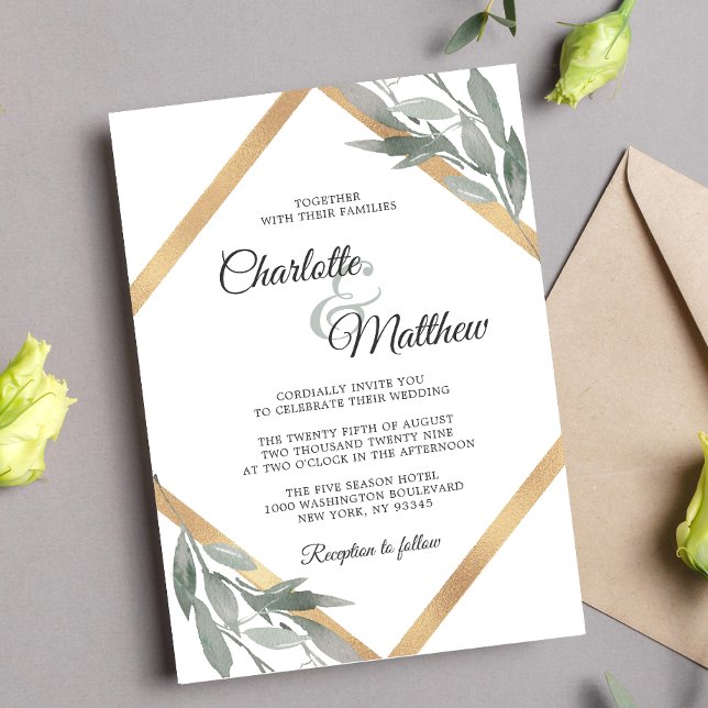 Elegant Leaf Sage Olive Branches Gold Foil Wedding Invitation (Creator Uploaded)