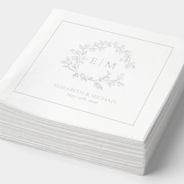 Elegant Leafy Crest Monogrammed Wedding Silver Foil Napkins (Detail)