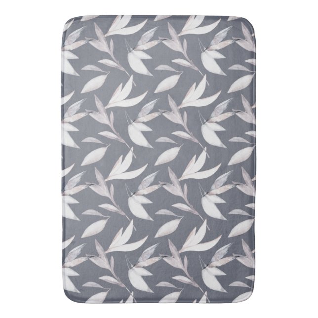 Elegant Leafy Grey Modern Botanical  Bath Mat (Front Vertical)