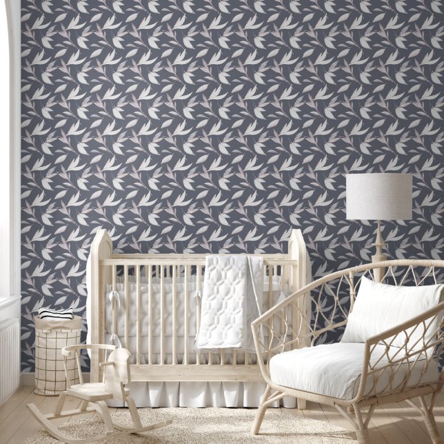 Elegant Leafy Grey Modern Botanical  Wallpaper (Kids)
