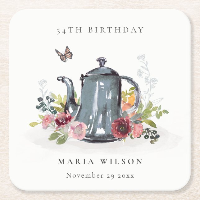 Elegant Leafy Rose Floral Teapot Any Age Birthday Square Paper Coaster (Front)