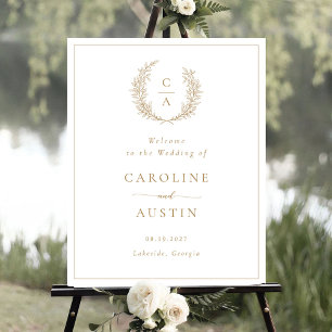Elegant Leafy Wreath Gold Script Wedding Welcome Poster