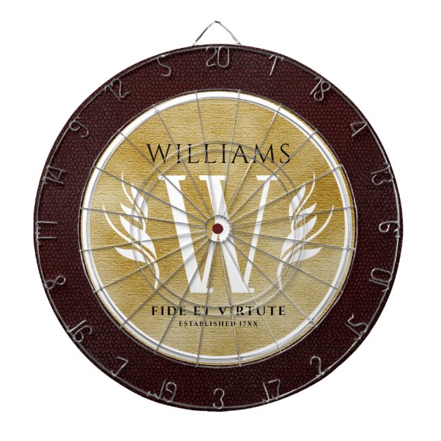 Elegant Leather Leaf & Vintage Paper Surname Motto Dartboard (Front)