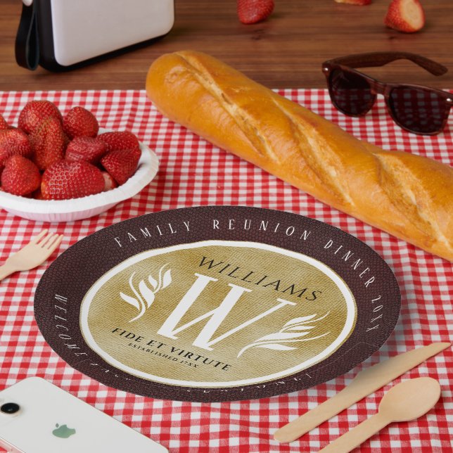 Elegant Leather Leaf & Vintage Paper Surname Motto Plate (Picnic)