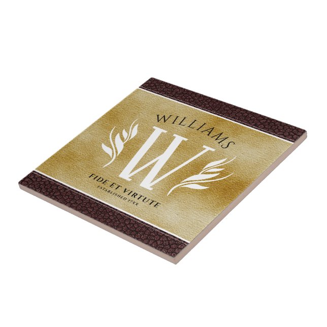 Elegant Leather Leaf & Vintage Paper Surname Motto Tile (Side)