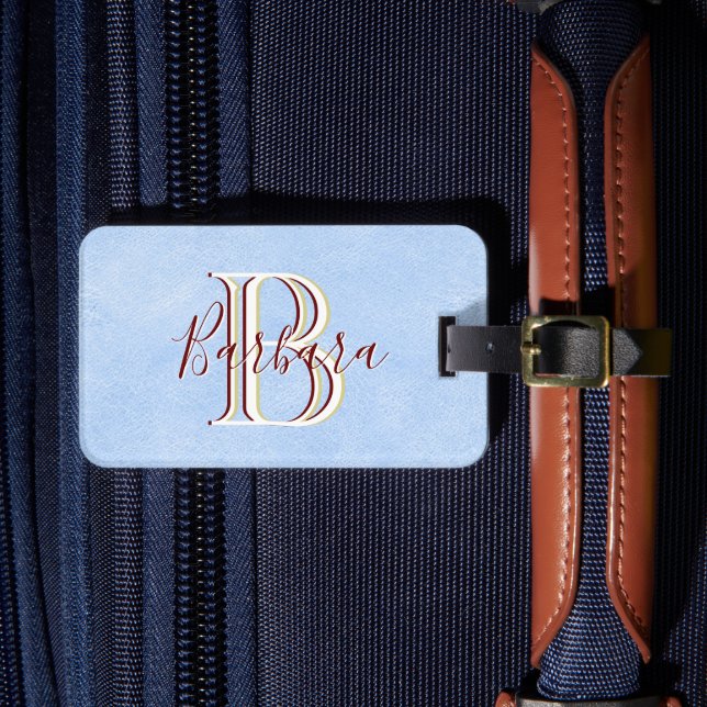 Elegant Leather-look Blue Monogram Name Luggage Tag (Front Insitu 4)