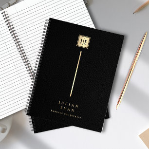 Elegant Leather Print Black & Gold Monogram Spiral Notebook
