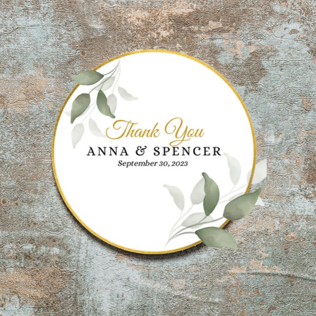 Elegant Leaves and Circle Gold Thank You Wedding Classic Round Sticker (Creator Uploaded)