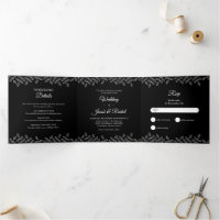 Elegant Leaves Black & White Wedding Tri-Fold Invi